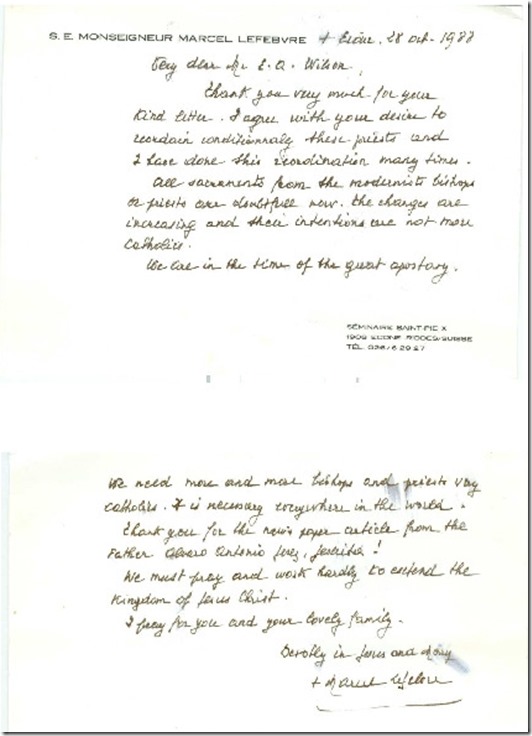 Handwritten Letter from Arch Lefebvre - necessary to conditionally ordain